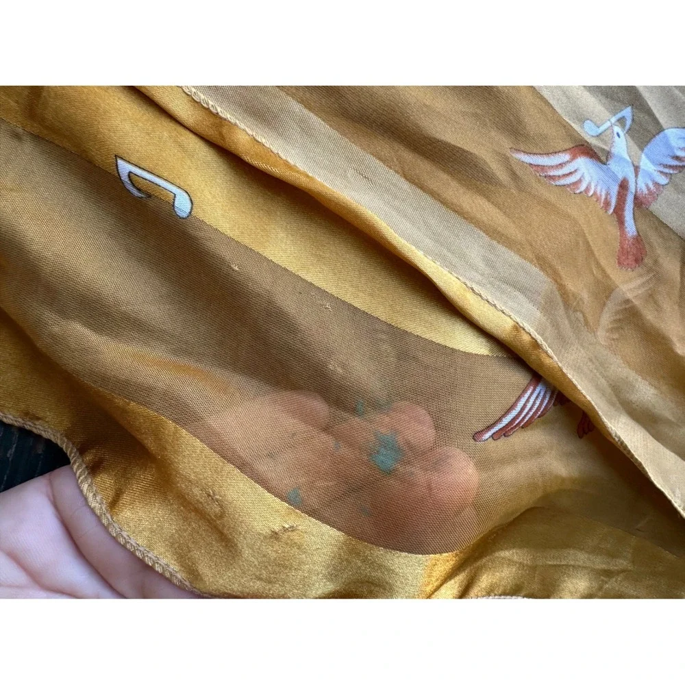 Vintage Religious Gold Sheer Scarf Doves Cross Musical Notes Oblong Korea